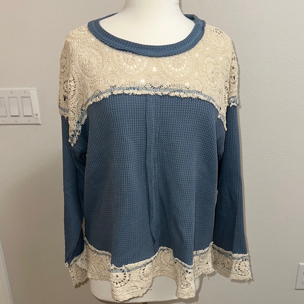 POL Blue Long Sleeve Thermal & crochet Boxy Sweatshirt Large NWOT